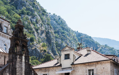 Ancient street, historical building in the old town of Kotor, Montenegro, Europe, Adriatic sea and mountains
