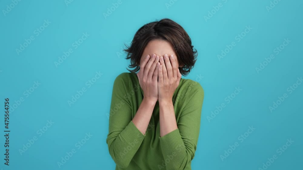 Poster depressed lady hear break up novelty cry isolated blue color background