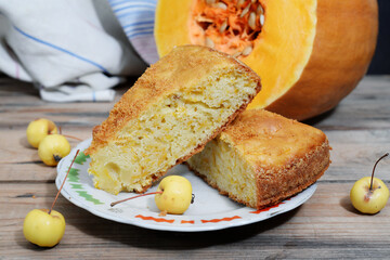 pumpkin pie and cut pumpkin, rustic dessert