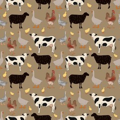 Fototapeta premium Pattern with farm animals. Pig, rooster, goose, horse, cow, lamb, sheep, hen, chick. Poster. Illustration. Seamless. Fabric.