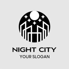 vector logo for building, construction, architect or housing. icon building, star, moon in a circle. creative vector logo template