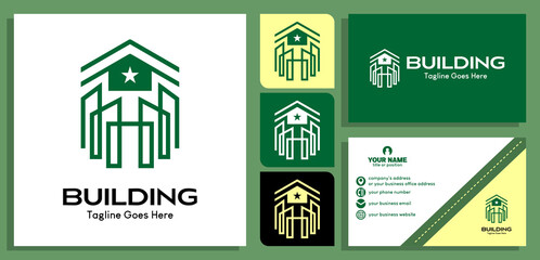 building and house roof logo design template in luxury lines. creative logo for building, construction, architect or housing. and business card design templates. vector illustration