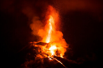 Erupting volcano, cumbre vieja, la Palma at night in December