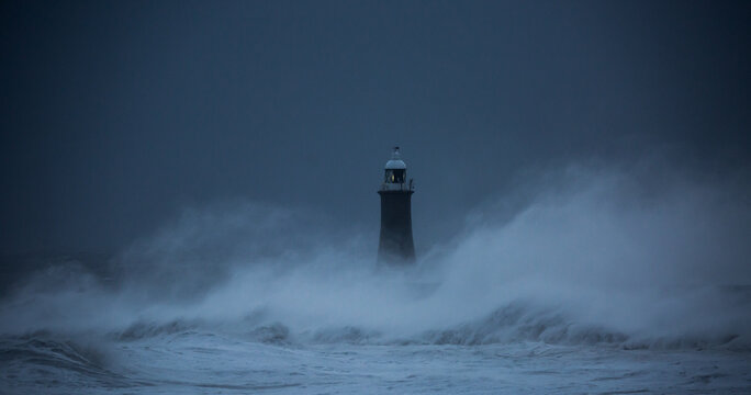 The gale force winds from Storm Arwen cause giant waves to batter the lighthouse and north pier guarding the mouth of the Tyne in Tynemouth, England