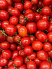 Organic red tomatoes in market, close up, above vantage point photography