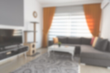 Defocused image of sofa and coffee table in living room at home
