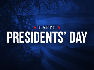 Presidents Day - Happy Presidents' Day Holiday Card Design with Waving American Flag Over Dark Blue...