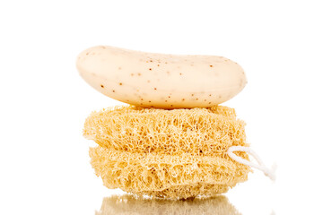 One loofah shower sponge with one soap, close-up, isolated on white.