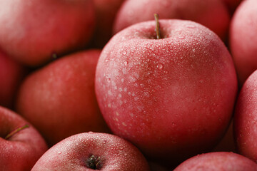 Juicy Red apple close-up with dew drops.