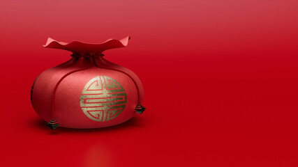 Red Chinese Money Bag on a red background with copy space. Chinese New Year Concept.