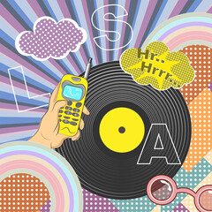 Original free style collage with vinyl record, rainbow, glasses and hand with old cell phone. Vector illustration