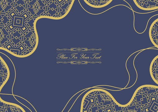 Original background with a gold turkish ornament on a blue field. In the middle - a platform for placing text. Background, template, greeting card, invitation, banner. Vector illustration