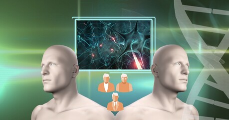 Two human head models and digital interface with medical data processing against blue background