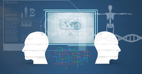 Two human head models and digital interface with medical data processing against blue background