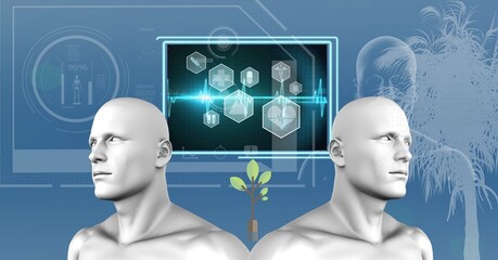 Two human head models and digital interface with medical data processing against blue background