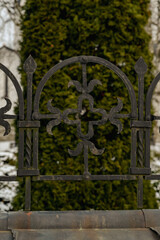 Orthodox cross forged in fence of church Christian religion pattern