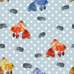  Watercolor of sea fish on blue speckled background. Marine seamless pattern.
