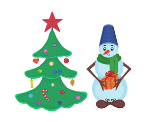 Cute snowman and Christmas tree. Vector Illustration for printing, backgrounds, covers, packaging, greeting cards, posters, stickers, textile, seasonal design. Isolated on white background.