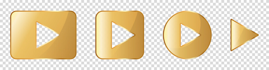 Gold play buttons set. Vector illustration isolated on transparent background