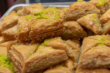 Arabic sweet baked goods, baklawa, baklava, in Mahane Yehuda Market in Jerusalem, Israel
