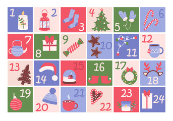 Fototapeta na wymiar Christmas advent calendar. Cute winter illustration for card, poster, kid room decor, nursery art.