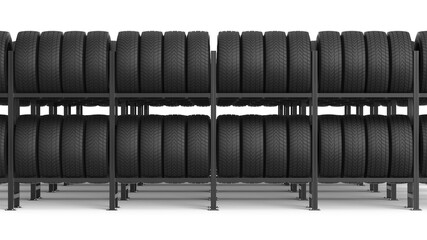 Car tires on rack. Car tires on rack. 3d illustration.
