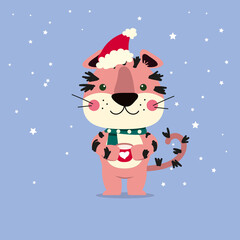 Pink tiger with a red Christmas hat, green scarf and a cup of milk (cocoa) in flat style