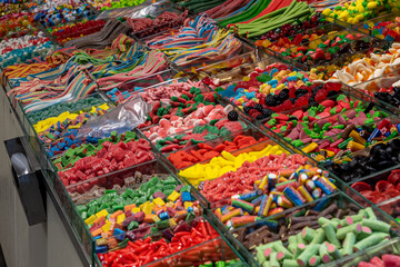 Assorted colorful candy at Mahane Yehuda Market in Jerusalem, Israel.
