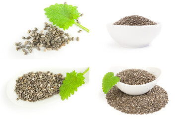 Group of nutritious chia seeds isolated on a white background cutout