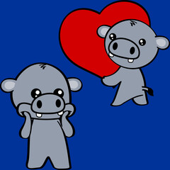 cute kawaii hippo character cartoon valentine´s day set illustration in vector format