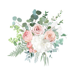 Blush pink garden roses, ranunculus, hydrangea flowers vector design bouquet.
