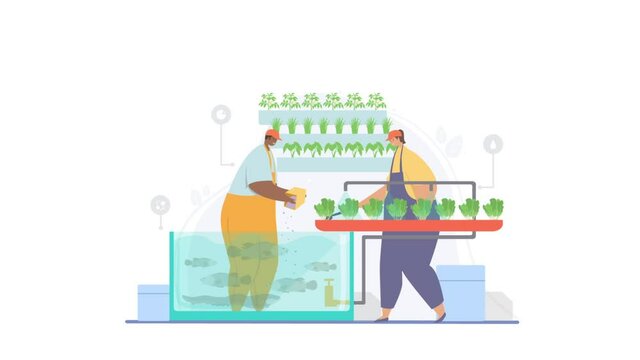 Aquaponic system smart farming concept. Moving man and woman in uniform water plants using automatic water supply system. Pop up elements of ecological farm with greenhouse. Graphic animated cartoon