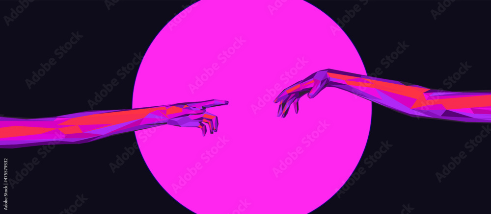 Poster vector 3d model of hands going to touch together, reminiscent of michelangelo's artwork. cyberpunk a