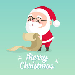 Santa Claus reading the list of names for gifts and wishing you a Merry Christmas.