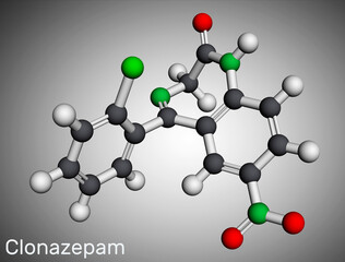 Clonazepam molecule. It is is benzodiazepine, anticonvulsant, used to treat panic disorders, severe anxiety, seizures. Molecular model. 3D rendering.