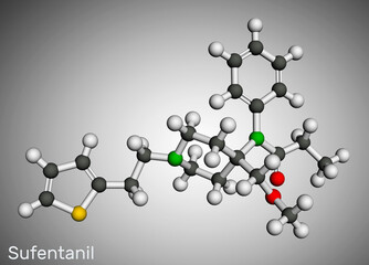 Sufentanil molecule. It is opioid analgesic, anesthetic agent, used to treat severe, acute pain Molecular model. 3D rendering
