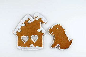 Romantic gingerbread house and dog, Christmas time