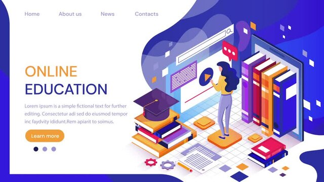 Online education landing page concept. Moving woman reads ebooks, watches video webinar or attends remote course. Design for website with pop up elements. Graphic contemporary animated cartoon