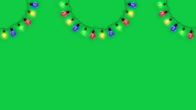 3d rendering colorful christmas string lights animation,new year element,realistic bulbs, light show,green screen background