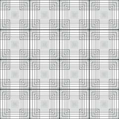 Abstract black stacked square frame spirograph shapes seamless technology pattern on the white background. Vector illustration. Wrapping paper.	