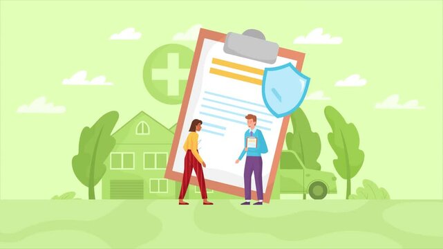 Insurance policy video concept. Moving young woman protects her real estate, car and life with insurance. Female character signs and shakes agent hand. Personal property. Graphic animated cartoon