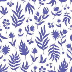 Fototapeta premium Floral seamless pattern. Abstract Plants. Lavender Violet Flowers, Leaves and Branches in Silhouette on trendy Very Peri color background. Vector texture for print, textile fabric, wrapping paper