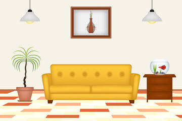 Colorful room with sofa, painting, plant, aquarium, vector illustration