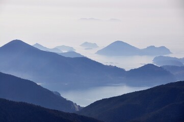 mountains in the fog