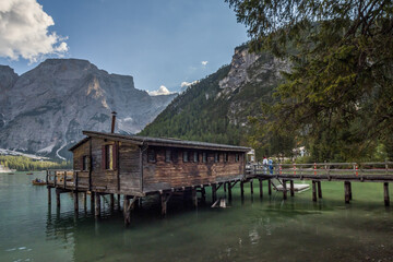 Sunny day on Lake Braies in Dolomites in Italy