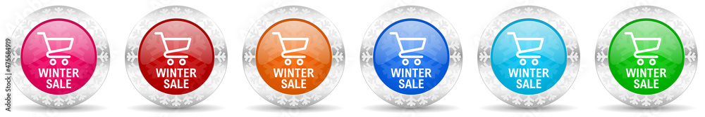 Poster winter sale icon set in 6 color options. christmas design glossy web buttons. business concept illus