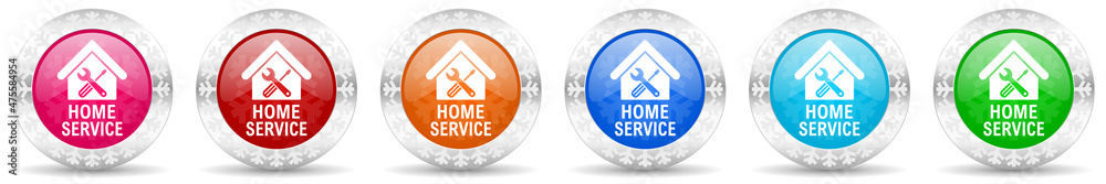 Poster Home service icon set in 6 color options. Winter concept illustration with snowflakes. Christmas design glossy web buttons.