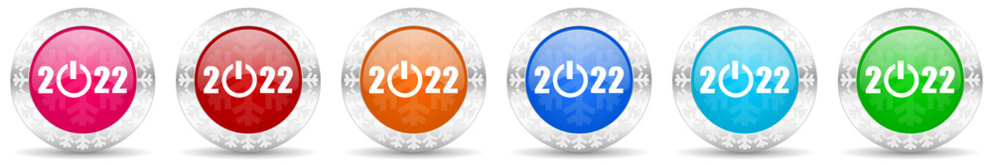 New year 2022 icon set in 6 color options. Christmas design glossy web buttons. Winter concept illustration with snowflakes.