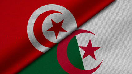 3D rendering of two flags of Republic of Tunisia and Republic of Algeria together with fabric texture, bilateral relations, peace and conflict between countries, great for background