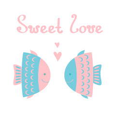 Couple in love concept, two cute smiling fish looking at each other.  Lettering 